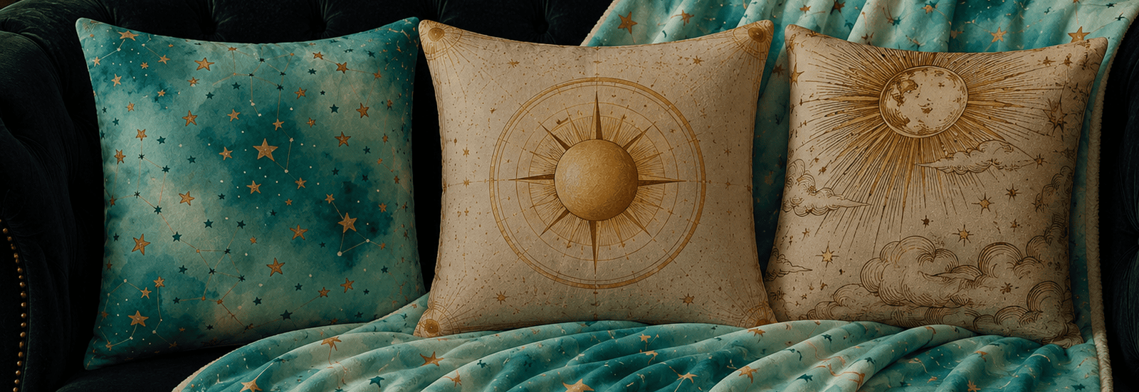 Haus of Moggie Sunspell Skies Collection featuring three celestial throw pillows and a matching constellation fleece blanket styled on a navy velvet sofa in a cozy witchcore living room with warm candlelight.