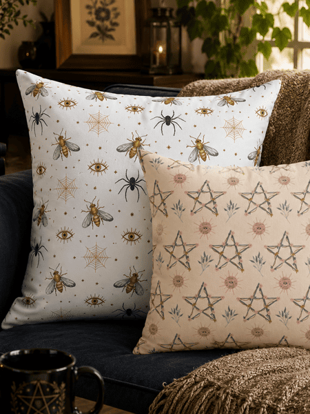 A curated collection of whimsical throw pillows by Haus of Moggie displayed on a cozy navy sofa, featuring witchcore-inspired botanical, celestial, and occult patterns in a warm cottage gothic living room.