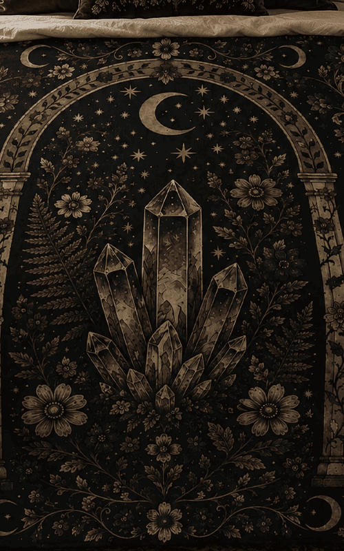 Moonlight Grove fleece throw blanket featuring celestial crystal clusters beneath a crescent moon with botanical florals in a vintage witchcore and dark academia style.